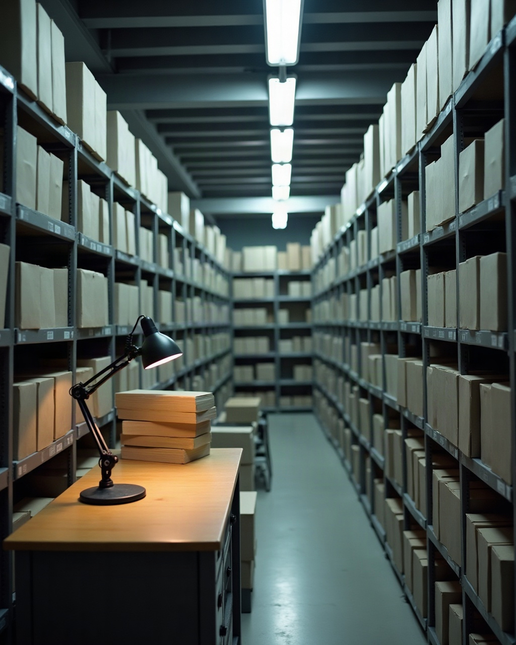 Steel archive shelving holding grey record boxes beside a wooden reading table.