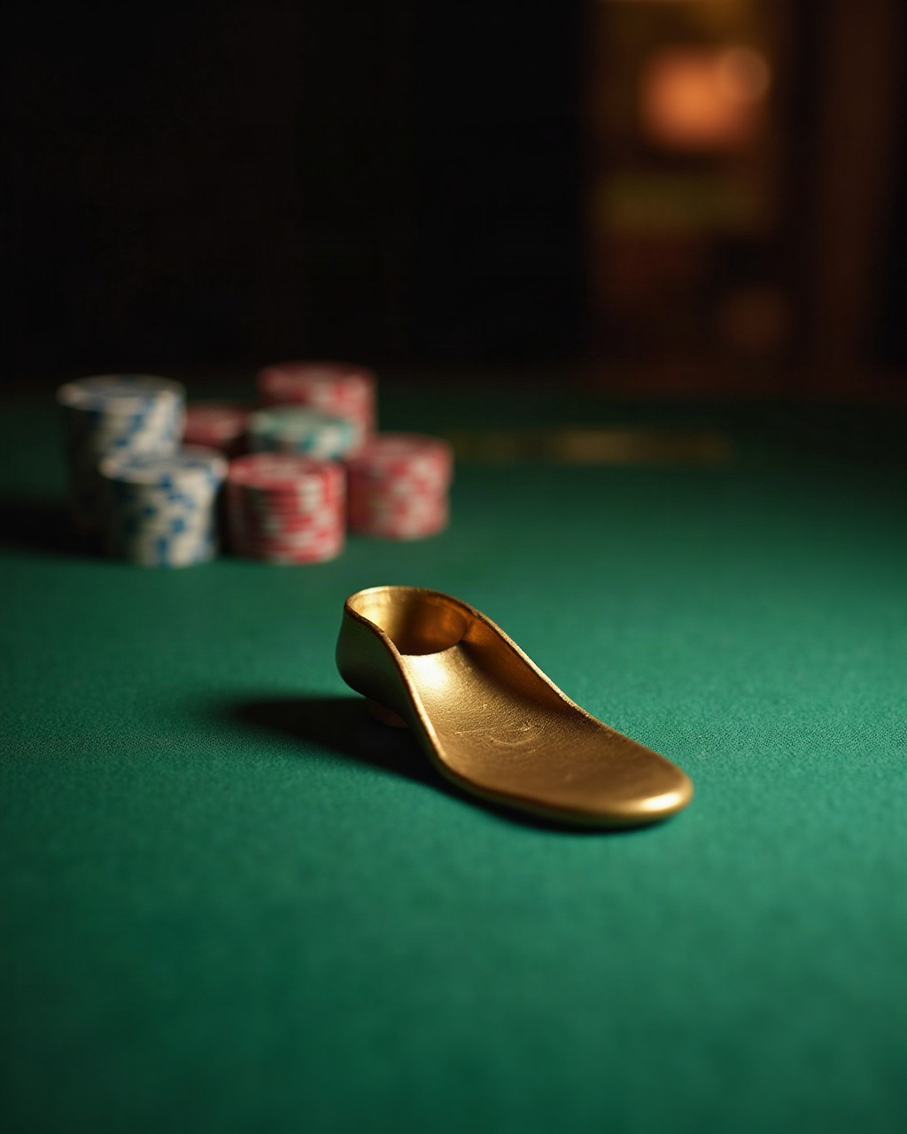 A brass card shoe and stacked chips on a green baize gaming table