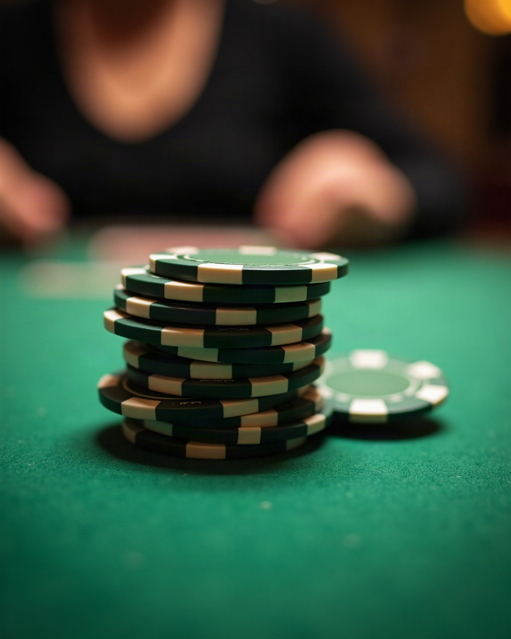 A stack of gaming chips viewed edge-on on green felt