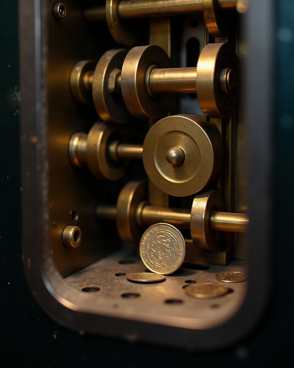The coin mechanism of a mechanical gaming machine, viewed from behind with its gears exposed.