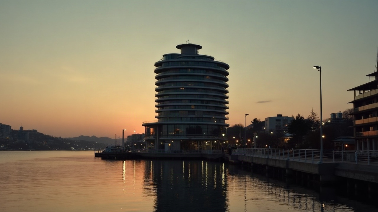A circular 1970s hotel tower on a waterfront at dusk