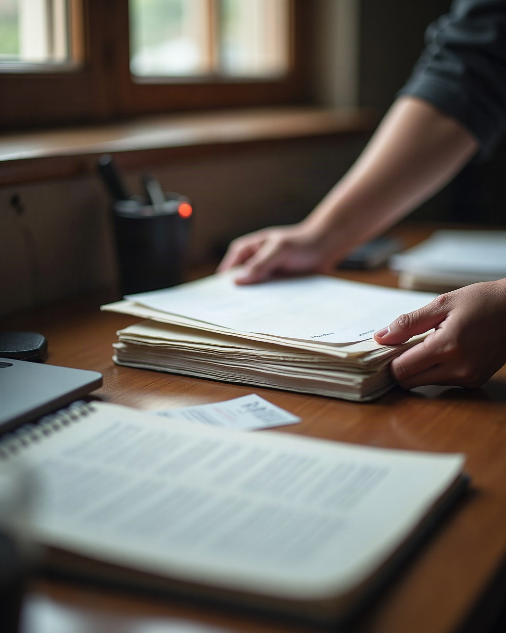 A pair of hands sorting blurred paper files on a wooden desk